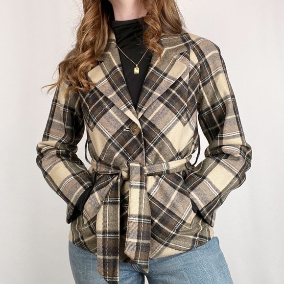 Vintage Plaid Tartan Wool Belted Oversized Blazer Jacket Pea Coat Preppy Fall - Picture 2 of 7